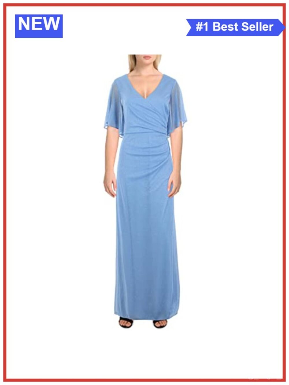 Glitter Chiffon Flutter Sleeve Wrap Maxi Gown Formal Dress